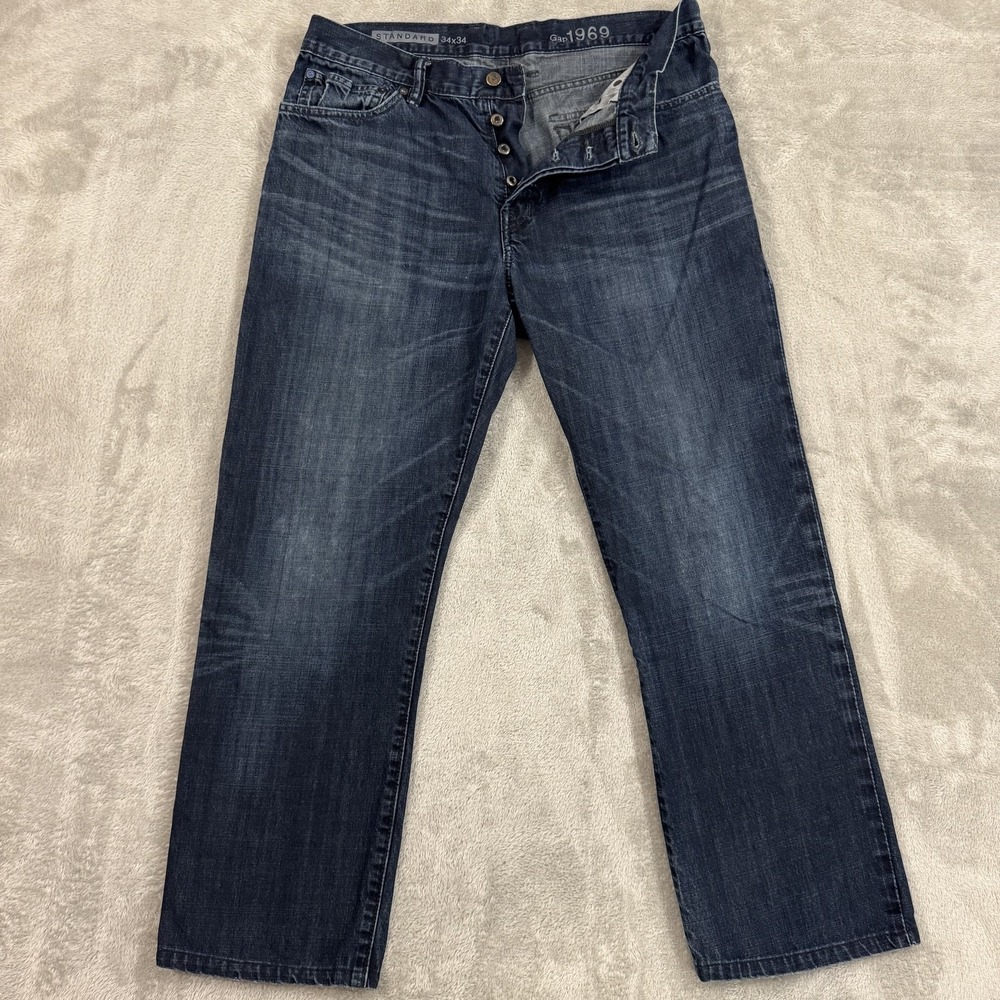 Gap 1969 Jeans Mens 34x29 Dark Blue Standard Straight Button Fly Flap Pockets